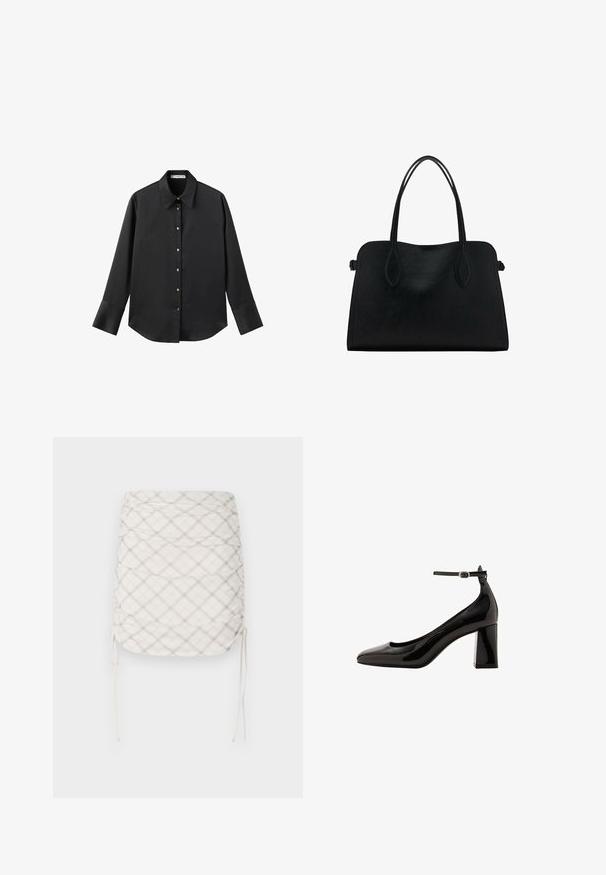 Chemise noire à manches longues en tissu lisse, dotée d'un col classique, d'une fermeture à boutons sur le devant avec des boutons dorés, et de larges poignets.; Jupe mini froncée en crème avec un motif à carreaux gris et beige. Caractéristiques de liens latéraux ajustables et d'un tissu lisse et texturé.; Pompe à talon bloc en cuir verni noir avec une finition brillante, un bout pointu et une large bride à la cheville. Texture lisse, minimalisme dans les détails.; Sac à main en cuir noir avec deux anses, de forme rectangulaire et au design minimaliste sur un fond blanc.