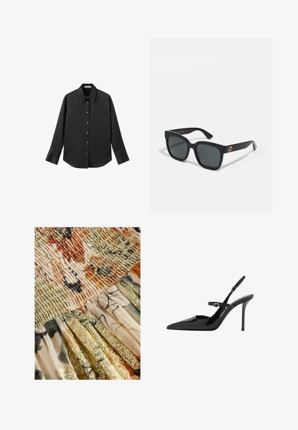 Schwarz langärmliges Hemd aus glattem Stoff, mit klassischem Kragen, frontaler Knopfleiste mit goldfarbenen Knöpfen und breiten Manschetten.; Next REGULAR FIT - DROP WAIST - Maxirock - cream sparkle; Schwarze Lackleder Slingback-High Heels mit spitzem Zeh, verstellbarem Riemen und Stiletto-Absatz. Glatte Oberfläche mit glänzendem Finish.; Schwarze Sonnenbrille mit rechteckigen Gläsern, ausgestattet mit einer glänzenden Oberfläche und goldenen Logo-Akzenten an den Bügeln. Dunkelgraue Gläser bieten UV-Schutz.