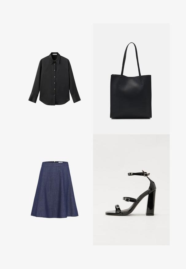 Crna košulja dugih rukava od glatkog materijala, s klasičnim ovratnikom, prednjim kopčanjem na dugmad u boji zlatne i širokim manžetnama.; Traper suknja u A kroju, tamnoplava, do koljena, s glatkim pojasom i skrivenim zatvaračem, te raširenim siluetom. Suptilan teksturalni detalj.; Crne lakirane sandale na visoku petu s dva remena s kopčama, kvadratnim vrhom i masivnom blok petom, s glatkom, sjajnom teksturom.; Crna kožna torba za nošenje s glatkom teksturom, pravokutnim oblikom i dvije duge ručke. Nema vidljivih metalnih dijelova ili ukrasa.