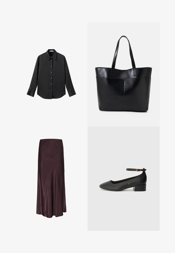 Crna košulja dugih rukava od glatkog materijala, s klasičnim ovratnikom, prednjim kopčanjem na dugmad u boji zlatne i širokim manžetnama.; Satin midi suknja u dubokoj burgundiji s elastičnim pojasom, lepršavim dizajnom i glatkom, sjajnom teksturom. Nema vidljivih uzoraka ili akcenta.; Crne kožne pumpe s oštrim vrhom i niskom blok petom. Sadrže remen oko gležnja s zlatnim kopčanjem. Glatka tekstura.; Crna kožna torba s dugim ručkama, glatkom teksturom i strukturiranim oblikom. Ima prednju džep za dodatno pohranu.