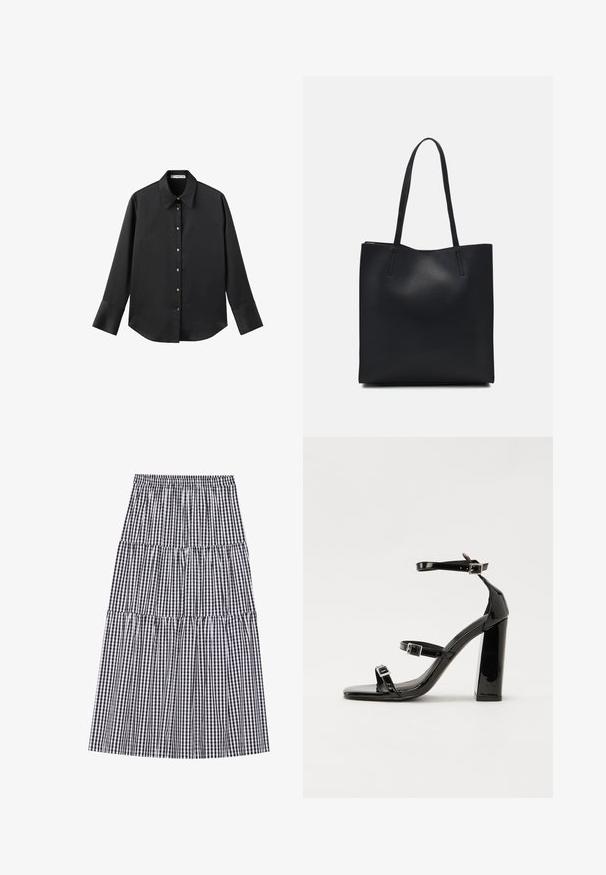 Sort langærmet skjorte i glat stof, med klassisk krave, frontlukning med guldtonede knapper og brede manchetter.; Sorte og hvide gingham-mønstrede lagdelte nederdel med elastisk talje. Har flere flæser og en flydende silhuet.; Sorte patenterede hælsandaler med firkantet tå, ankelremme og sølvspænder. Har en chunky blokHæl for stabilitet.; Sort læder tote taske med glat tekstur, rektangulær form og to lange hanke. Ingen synlig hardware eller udsmykninger.