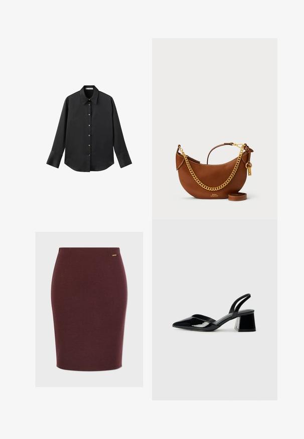 Čierna dlhá rukávová košeľa z hladkého materiálu, s klasickým golierom, predným zapínaním na gombíky so zlatými gombíkmi a širokými manžetami.; Bordová ceruzková sukňa z hladkej látky, s prispôsobeným strihom, jemnými bočnými švami a malým kovovým logom ako akcentom.; Čierne lakované kožené sandálové podpätky s špicatou špičkou a geometrickým blokovým podpätkom. Disponujú elegantným, minimalistickým dizajnom a hladkým povrchom.; Hnedá kožená kabelka s zakriveným dizajnom, zlatým reťazovým popruhom, vnútornou kapsou a odnímateľným ramenným popruhom. Obsahuje kontrastné švy.