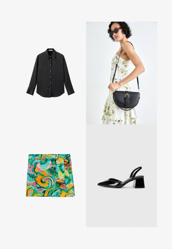 Maglietta nera a maniche lunghe in tessuto morbido, con colletto classico, chiusura frontale con bottoni dorati e polsini ampi.; Foulard quadrato in seta colorata con motivi vorticosi in turchese, verde, rosa e giallo, caratterizzato da una texture annodata su un lato.; Décolleté in vernice nera con punta affusolata e tacco in geometria cubica. Presentano un design elegante e minimalista, con una texture liscia.; Borsa a tracolla nera in pelle con una forma curva, manico rimovibile e accessori dorati. La borsa presenta una patta con un dettaglio a fibbia.