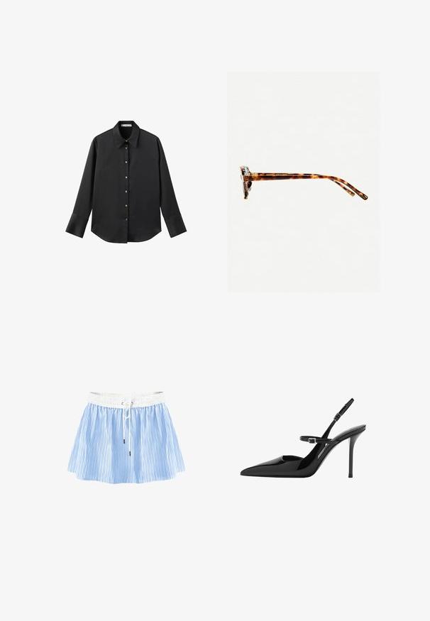 Black long-sleeve shirt in smooth fabric, featuring a classic collar, front button closure with gold-tone buttons, and wide cuffs.; Blue and white striped skirt with a smocked waist, featuring a drawstring closure and a flared shape for comfortable fit and movement.; Black patent leather slingback high heels with a pointed toe, adjustable strap, and stiletto heel. Smooth surface with shiny finish.; Tortoiseshell sunglasses with a thick frame, slightly curved temples, and smooth texture. Features a classic design with a glossy finish.; White synthetic handbag with a triangular shape, flat front flap and bow detail, adjustable strap, smooth texture, and minimalistic design.