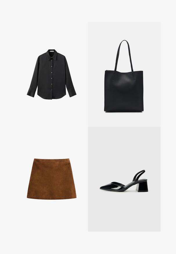 Chemise noire à manches longues en tissu lisse, dotée d'un col classique, d'une fermeture à boutons sur le devant avec des boutons dorés, et de larges poignets.; Mini-jupe en daim marron avec une texture lisse, forme évasée et ourlet net. Pas de quincaillerie ou motifs visibles. Design simple et élégant.; Escarpins en cuir verni noir avec bout pointu et talon bloc géométrique. Présente un design élégant et minimaliste ainsi qu'une texture lisse.; Sac fourre-tout en cuir noir avec une texture lisse, de forme rectangulaire et deux longues poignées. Pas de matériel ou d'ornementations visibles.