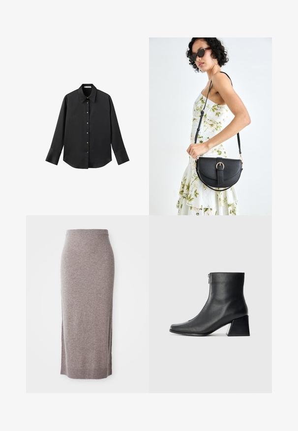 Chemise noire à manches longues en tissu lisse, dotée d'un col classique, d'une fermeture à boutons sur le devant avec des boutons dorés, et de larges poignets.; Jupe crayon en tricot taupe, longueur genou, avec une taille et un ourlet côtelés, présentant des fentes sur les côtés pour plus de confort et de style.; Bottine en cuir noir avec un bout carré, fermeture éclair sur le côté et talon bloc sur fond clair uni.; Sac à main en cuir noir avec une forme courbée, bandoulière amovible et des accessoires en or. Le sac est doté d'un rabat avec un détail de boucle.