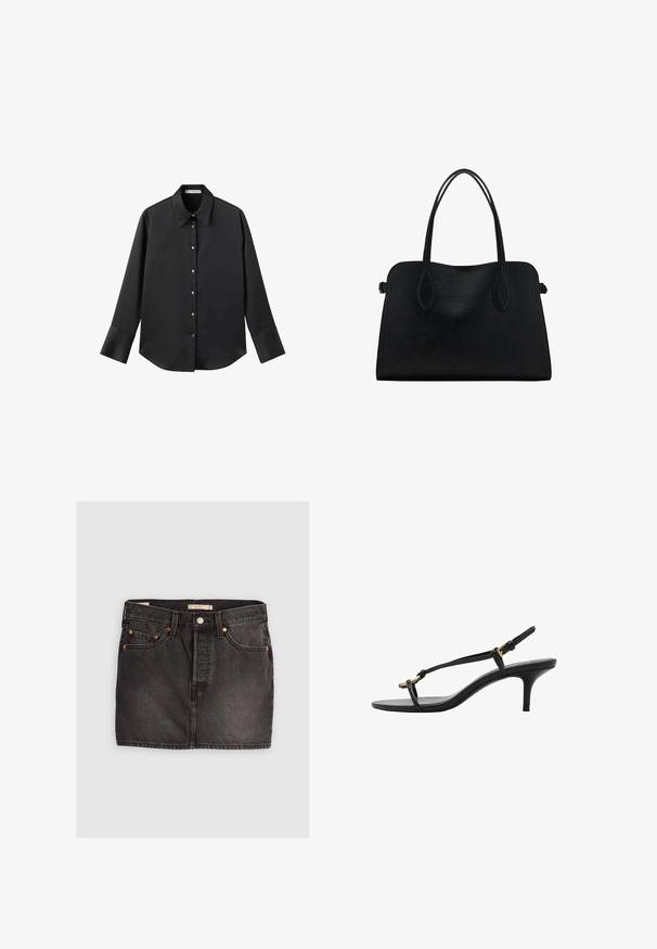 Maglietta nera a maniche lunghe in tessuto morbido, con colletto classico, chiusura frontale con bottoni dorati e polsini ampi.; Gonna di jeans nera con cinque tasche, chiusura a bottone metallico e cuciture arancioni a contrasto. Presenta un taglio dritto e una leggera usura.; Sandal con zeppa kitten nera in pelle, con sottili cinturini, fibbia dorata e una minimalista fascetta per le dita su sfondo bianco.; Borsa a mano in pelle nera con doppio manico, forma rettangolare e design minimalista su sfondo bianco.