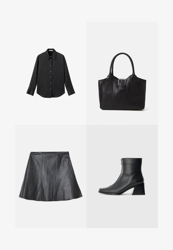 Cămașă neagră cu mâneci lungi dintr-un material neted, având un guler clasic, închidere frontală cu butoane aurii și manșete late.; Fustă din piele neagră cu un design evazat, având cusături verticale și o textură netedă. Talie simplă și fără elemente hardware vizibile.; Botină neagră din piele, cu vârf pătrat, fermoar pe lateral și toc bloc, pe un fundal simplu deschis.; Geantă tote din piele neagră cu textură netedă, formă structurată, două mânere și un detaliu proeminent din aliaj de argint pe partea din față.
