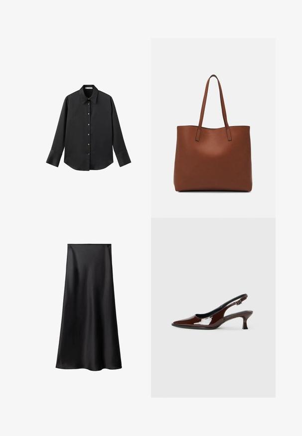 Zwarte lange mouwen shirt van gladde stof, met een klassieke kraag, een sluiting met knopen aan de voorkant met gouden knopen en brede manchetten.; Zwarte satijnen rok met een gladde textuur, A-lijn silhouet en een middellange uitvoering. Kenmerkt zich door een naadloze tailleband en een vloeiende val.; Bruine gepatineerde leren slingback-schoen met een spitse neus en een gematigd hakje. Voorzien van een gespsluiting voor een veilige pasvorm. Glad van textuur.; Bruine leren tote bag met een gladde textuur, een ontwerp met een open bovenkant en twee schouderbanden. Kenmerkt zich door minimale stiksels en geen zichtbare hardware.