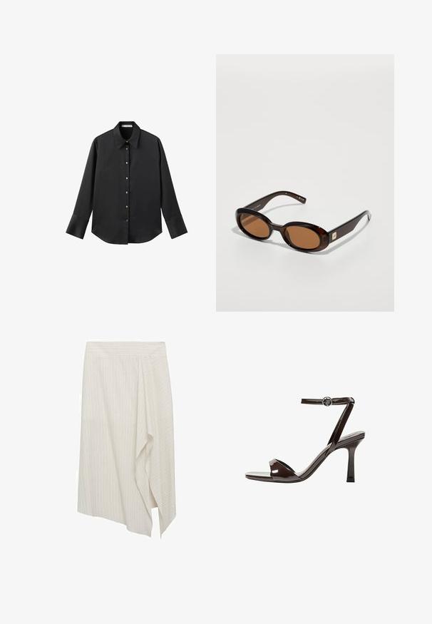 Maglietta nera a maniche lunghe in tessuto morbido, con colletto classico, chiusura frontale con bottoni dorati e polsini ampi.; Gonna bianca asimmetrica con leggere strisce verticali, caratterizzata da un design drappeggiato e una texture di tessuto liscia. Vita semplice, priva di decorazioni.; Sandalini con tacco alto in pelle verniciata marrone, con cinturino alla caviglia, punta aperta e un design elegante e minimalista. Presentano un tacco quadrato.; Occhiali da sole tartarugati marroni con lenti ovali, caratterizzati da una montatura sottile e un piccolo accento metallico sul lato. Finitura texturizzata e lucidata.; Borsa a tracolla in pelle marrone con forma curvata, hardware dorato e un dettaglio con fibbia. Presenta una tracolla rimovibile.