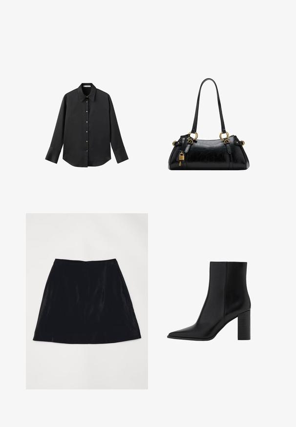 Maglietta nera a maniche lunghe in tessuto morbido, con colletto classico, chiusura frontale con bottoni dorati e polsini ampi.; Gonna nera a forma A in velluto, con una texture liscia e una cerniera nascosta sul retro. Design semplice senza motivi o accenti visibili.; Stivale alla caviglia in pelle nera con punta affilata, tacco quadrato, texture liscia e dettagli di cucitura lungo le cuciture. I tacchi misurano circa 3,5 pollici.; Borsa a mano in pelle nera con una texture liscia, forma arrotondata, dettagli in hardware dorato e doppi manici. Presenta un lucchetto decorativo sul lato.