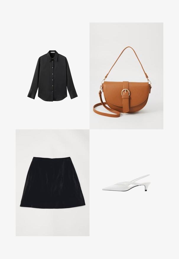 Cămașă neagră cu mâneci lungi dintr-un material neted, având un guler clasic, închidere frontală cu butoane aurii și manșete late.; Fustă neagră în linie A din catifea, cu o textură netedă și un fermoar discret la spate. Design simplu, fără modele sau accente vizibile.; Sandale albe cu toc slingback și vârf ascuțit, având un upper neted, decupaje subtile și un toc bloc mic. Talpa neagră accentuează designul.; Geantă din piele maro, tip crossbody, cu o formă curbată, accesorii aurii și un accent cu cataramă. Dispune de un curea de umăr detașabilă.
