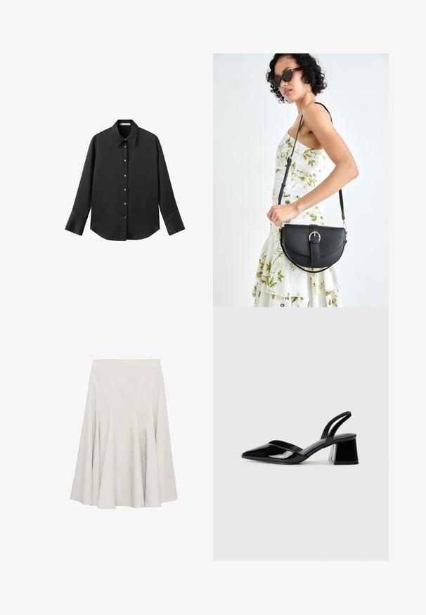 Čierna dlhá rukávová košeľa z hladkého materiálu, s klasickým golierom, predným zapínaním na gombíky so zlatými gombíkmi a širokými manžetami.; Krémová rozšírená sukňa vyrobená z hladkého materiálu, s prehnutím pre objem a jednoduchým, bezzdobným dizajnom.; Čierne lakované kožené sandálové podpätky s špicatou špičkou a geometrickým blokovým podpätkom. Disponujú elegantným, minimalistickým dizajnom a hladkým povrchom.; Čierna kožená kabelka s zaobleným tvarom, odnímateľným popruhom a zlatými doplnkami. Kabelka má klopu s detailom s prackou.