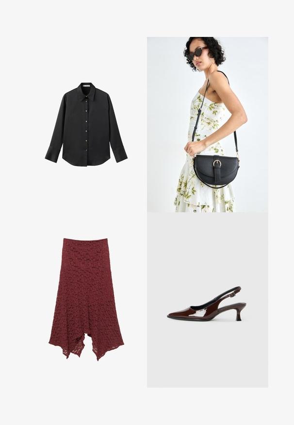 Crna košulja dugih rukava od glatkog materijala, s klasičnim ovratnikom, prednjim kopčanjem na dugmad u boji zlatne i širokim manžetnama.; Burgundijska čipkasta suknja s lepršavim siluetom, koja sadrži teksturirani uzorak i asimetričnu donju ivicu za lepršavi izgled.; Smeđe patentne kožne cipele s otvorenom petom, špicastim vrhom i umjerenom petom. Imaju remen s kopčom za sigurno pristajanje. Glatka tekstura.; Crna kožna torba s lukovitim oblikom, odvojivim remenom i zlatnim detaljima. Torba ima preklop s kopčom.