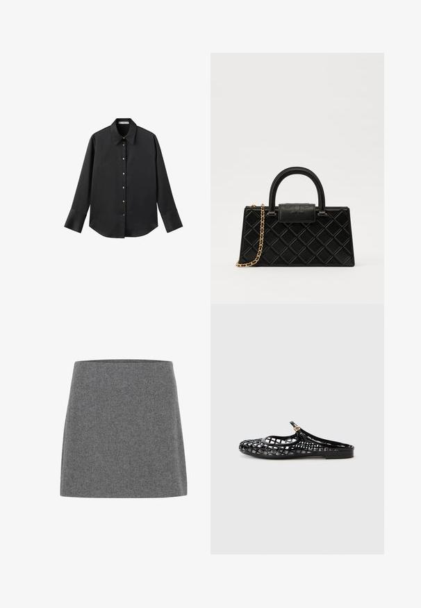 Sort langærmet skjorte i glat stof, med klassisk krave, frontlukning med guldtonede knapper og brede manchetter.; En grå filt mini nederdel med lige snit og en glat overflade, der har en bred talje og ingen synlige sømme eller udsmykninger.; Tory Burch MELLOW MARY JANE - Slip-on sandaler - perfect black/gold; Sorte håndtaske lavet af tekstureret læder, med et diamantmønster, guldfarvet kædetræk, og et topgreb med en logo-præget klaplås.