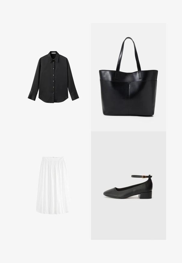 Black long-sleeve shirt in smooth fabric, featuring a classic collar, front button closure with gold-tone buttons, and wide cuffs.; White, knee-length skirt featuring a gathered elastic waistband and flowing design. Made from lightweight fabric with a smooth texture.; Black leather pump with a pointed toe and a low block heel. Features an ankle strap with a gold-tone buckle. Smooth texture.; Black leather tote bag with two long handles, a smooth texture, and a structured shape. Features a front pocket for additional storage.
