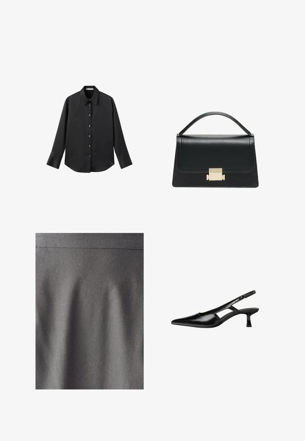 Chemise noire à manches longues en tissu lisse, dotée d'un col classique, d'une fermeture à boutons sur le devant avec des boutons dorés, et de larges poignets.; Tissu gris avec une texture lisse et uniforme. Un éclat subtil met en valeur les lignes nettes et les plis, indiquant un design structuré. Aucun motif ou impression visible.; Escarpins slingback en cuir verni noir avec un bout pointu, un design découpé sur les côtés et un petit talon carré. Texture lisse avec des accents minimaux.; Sac à main en cuir noir au design structuré, avec une poignée supérieure et un détail de fermoir en métal doré à l'avant. Texture lisse, couture minimale.