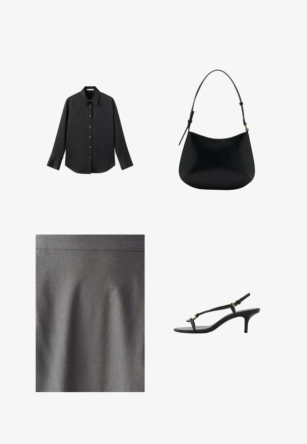 Chemise noire à manches longues en tissu lisse, dotée d'un col classique, d'une fermeture à boutons sur le devant avec des boutons dorés, et de larges poignets.; Tissu gris avec une texture lisse et uniforme. Un éclat subtil met en valeur les lignes nettes et les plis, indiquant un design structuré. Aucun motif ou impression visible.; Sandale à talon aiguille noire en cuir avec des fines bandoulières, boucle dorée et une boucle pour les orteils minimaliste sur fond blanc.; Sac à épaule en cuir noir avec une texture lisse, une forme courbe et une poignée ajustable. Présente des coutures minimales et un design simple.