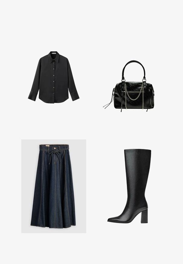Maglietta nera a maniche lunghe in tessuto morbido, con colletto classico, chiusura frontale con bottoni dorati e polsini ampi.; Levi's® XL SKIRT - Gonna di jeans - square circle; Stivale nero al ginocchio realizzato in pelle sintetica, con punta affusolata, texture liscia e tacco a blocco spesso. Design minimalista senza decorazioni visibili.; Bershka WITH CHAIN - Borsa a mano - black