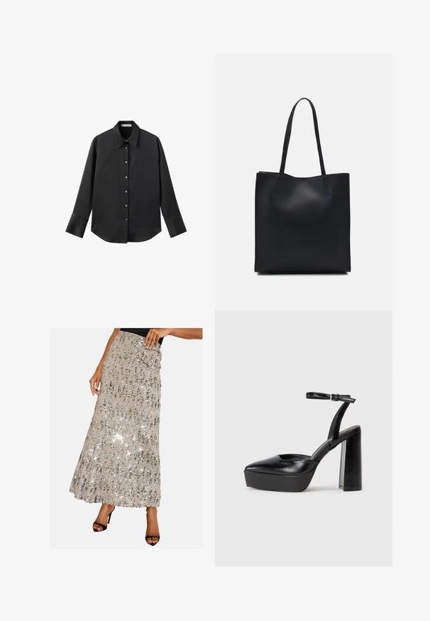 Čierna dlhá rukávová košeľa z hladkého materiálu, s klasickým golierom, predným zapínaním na gombíky so zlatými gombíkmi a širokými manžetami.; Maxi sukňa z lesklých strieborných flitrov s textúrovaným, skladaným dizajnom. Má priliehavý pás a uvoľnený, splývavý strih.; Čierne platformové podpätky so špicatou špičkou a nastaviteľným členkovým remienkom. Vyrobené z hladkej kože a so robustným blokovým podpätkom.; Čierna kožená taška na rameno s hladkým povrchom, obdĺžnikovým tvarom a dvoma dlhými uchami. Bez viditeľného kovania alebo ozdôb.