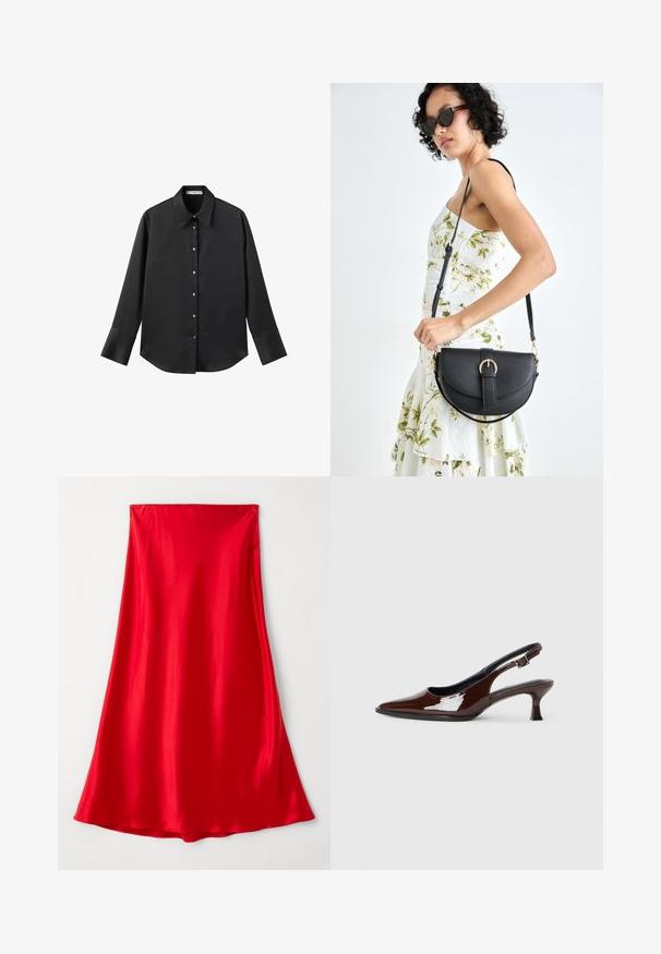 Crna košulja dugih rukava od glatkog materijala, s klasičnim ovratnikom, prednjim kopčanjem na dugmad u boji zlatne i širokim manžetnama.; Crvena satenska suknja s glatkom teksturom, pune duljine, i lepršavim dizajnom koji se sužava na rubu. Jednostavna, u jednobojnoj boji bez ukrasa.; Smeđe patentne kožne cipele s otvorenom petom, špicastim vrhom i umjerenom petom. Imaju remen s kopčom za sigurno pristajanje. Glatka tekstura.; Crna kožna torba s lukovitim oblikom, odvojivim remenom i zlatnim detaljima. Torba ima preklop s kopčom.