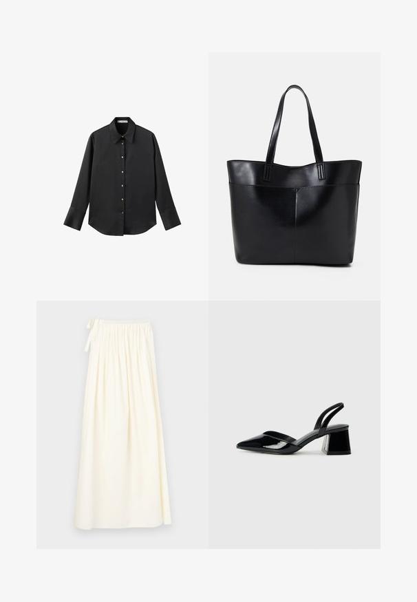 Schwarz langärmliges Hemd aus glattem Stoff, mit klassischem Kragen, frontaler Knopfleiste mit goldfarbenen Knöpfen und breiten Manschetten.; Langer, cremefarbener Rock aus leichtem Stoff; verfügt über einen elastischen Bund mit Kordel und ein fließendes Design mit minimaler Textur.; Schwarze Lackleder-Slingback-High Heels mit spitzem Schuh und einem geometrischen Blockabsatz. Verfügt über ein schlankes, minimalistisches Design und eine glatte Textur.; Schwarze Leder-Shopper-Tasche mit zwei langen Griffen, einer glatten Textur und einer strukturierten Form. Verfügt über eine Vordertasche für zusätzlichen Stauraum.