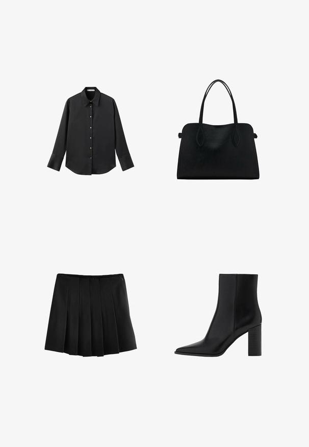 Svart långärmad skjorta i mjukt tyg, med klassisk krage, framknäppning med knappar i guldton och breda manschetter.; Next PONTE - A-linjekjol - black; Svart läderankelboot med spetsig tå, fyrkantig klack, slät yta och sömnadsdetaljer längs sömmarna. Klacken mäter cirka 8,9 cm.; Svart läderhandväska med dubbla axelremmar, rektangulär form och minimalistisk design på vit bakgrund.