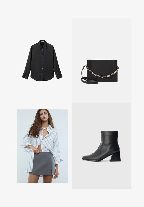 Chemise noire à manches longues en tissu lisse, dotée d'un col classique, d'une fermeture à boutons sur le devant avec des boutons dorés, et de larges poignets.; Jeune femme avec de longs cheveux bouclés portant une chemise blanche à rayures larges, une mini-jupe grise avec une fente à l'avant et un collier en forme d'étoile.; Bottine en cuir noir avec un bout carré, fermeture éclair sur le côté et talon bloc sur fond clair uni.; Sac bandoulière en cuir noir avec une texture lisse, de forme rectangulaire et un détail en chaîne métallique à l'avant. Sangle réglable incluse.