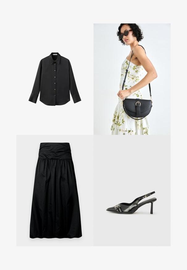 Zwarte lange mouwen shirt van gladde stof, met een klassieke kraag, een sluiting met knopen aan de voorkant met gouden knopen en brede manchetten.; Zwarte, mid-lange rok met een geplooid ontwerp, gemaakt van een glad materiaal. Voorzien van een brede, gerimpelde tailleband aan de bovenkant.; Zwarte gepolijste leren slingback schoenen met een puntige neus, enkelbandjes met zilveren gespen en hardware, en een slanke hak.; Zwarte leren handtas met een gebogen vorm, afneembare schouderband en gouden hardware. De tas heeft een klep met een gespsluiting.