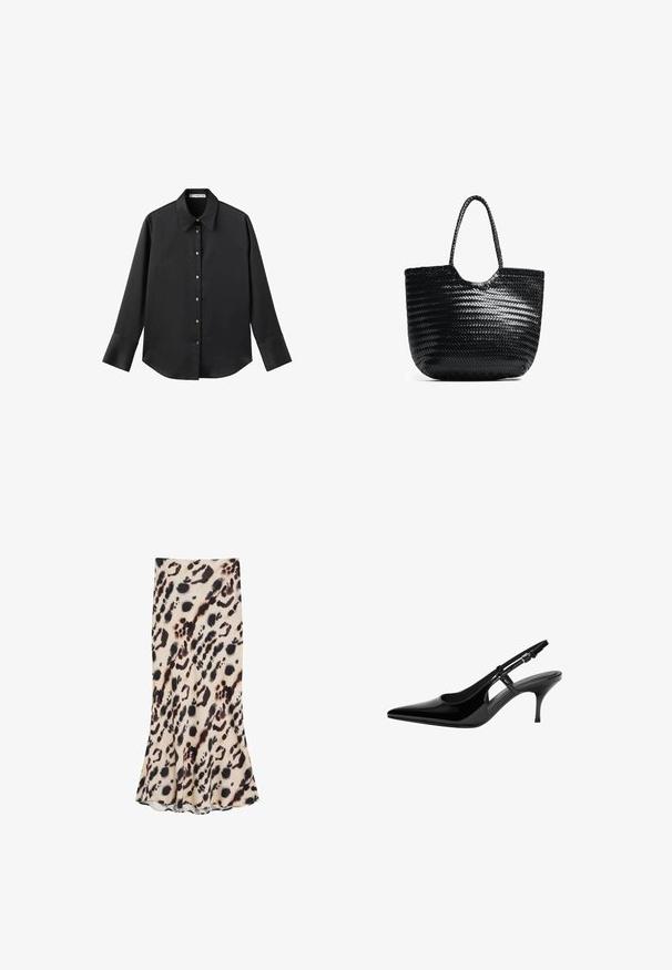 Svart långärmad skjorta i mjukt tyg, med klassisk krage, framknäppning med knappar i guldton och breda manschetter.; Midikjol i leopardmönster i beige och svart, tillverkad av ett slätt tyg, med utsvängd nederkant och figursydd siluett.; Svart lackläder slingback-pump med spetsig tå, öppna sidoutskärningar, smal klack och justerbart ankelsnöre.; Svart vävd tote-väska med rundad topp, sid sömmar och två flätade handtag. Har ett texturerat mönster och ett rymligt inre.