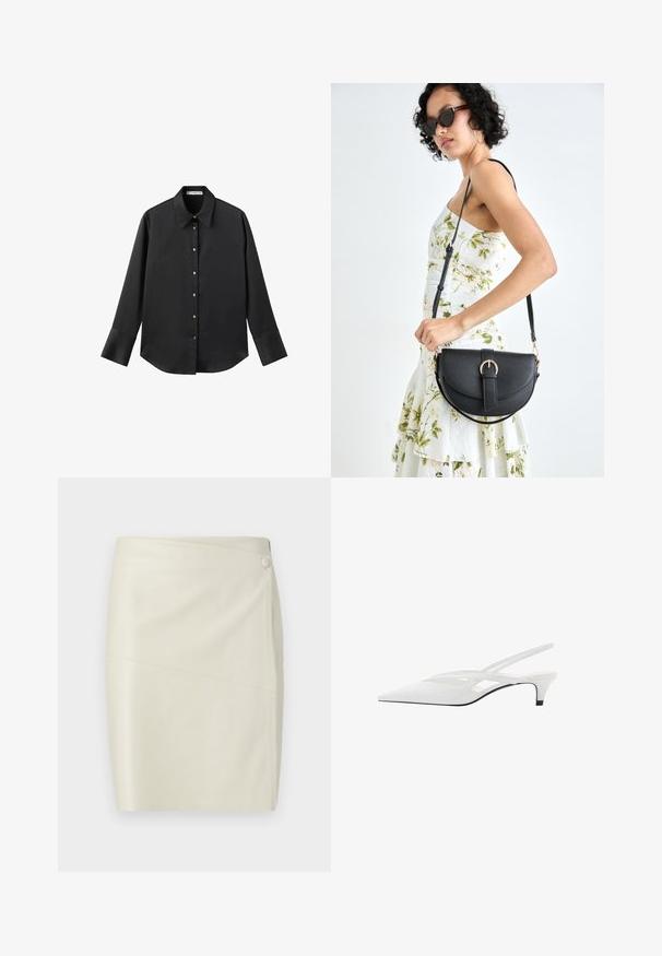 Cămașă neagră cu mâneci lungi dintr-un material neted, având un guler clasic, închidere frontală cu butoane aurii și manșete late.; Fustă creion din piele ecologică de culoare crem, cu cusătură diagonală și închidere cu nasturi acoperiți pe partea superioară.; Sandale albe cu toc slingback și vârf ascuțit, având un upper neted, decupaje subtile și un toc bloc mic. Talpa neagră accentuează designul.; Geantă din piele neagră, cu o formă curbată, curea detașabilă și accesorii aurii. Geanta are un capac cu un detaliu tip cataramă.