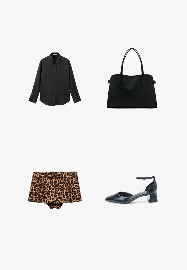 Maglietta nera a maniche lunghe in tessuto morbido, con colletto classico, chiusura frontale con bottoni dorati e polsini ampi.; Mango Shorts - brown; Décolleté in pelle nera con punta affusolata, cinturino alla caviglia e tacco basso a blocco. La parte superiore presenta una texture plissettata.; Borsa a mano in pelle nera con doppio manico, forma rettangolare e design minimalista su sfondo bianco.