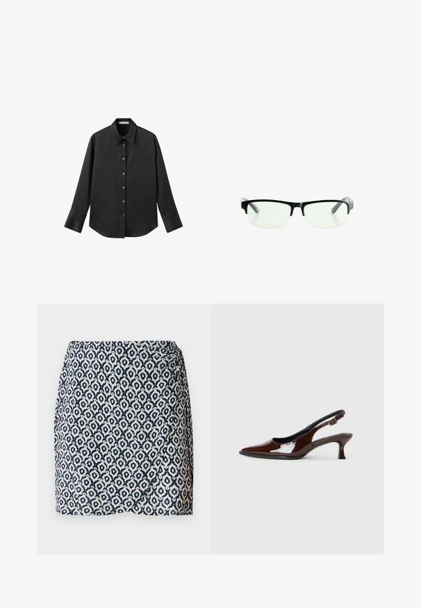Black long-sleeve shirt in smooth fabric, featuring a classic collar, front button closure with gold-tone buttons, and wide cuffs.; Navy and white patterned wrap skirt with geometric shapes, lightweight fabric, fitted waist, and slight drape at the hem.; Brown patent leather slingback shoe with a pointed toe and a moderate heel. Features a buckle strap for secure fit. Smooth texture.; Black rectangular eyeglasses with clear lenses, featuring sleek black frames and gray transparent temple tips. Minimalist design, no visible branding.