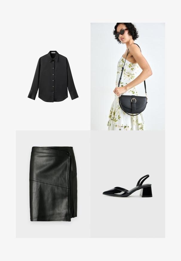 Black long-sleeve shirt in smooth fabric, featuring a classic collar, front button closure with gold-tone buttons, and wide cuffs.; Black faux leather knee-length wrap skirt with diagonal seam and snap button closure on a plain background.; Black patent leather slingback heels with a pointed toe and a geometric block heel. Features a sleek, minimal design and smooth texture.; Black leather handbag with a curved shape, detachable strap, and gold hardware. The bag features a flap with a buckle detail.