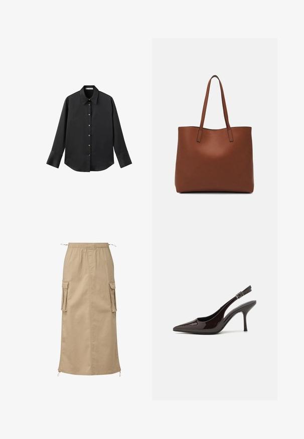 Zwarte lange mouwen shirt van gladde stof, met een klassieke kraag, een sluiting met knopen aan de voorkant met gouden knopen en brede manchetten.; Beige cargo rok van lichtgewicht stof, met een elastische tailleband, twee zijzakken en trekkoorddetails aan de zoom.; Slingback hoge hak schoen in glanzend donkerbruin patentleer, puntige neus, open zijkanten en verstelbare enkelband.; Bruine leren tote bag met een gladde textuur, een ontwerp met een open bovenkant en twee schouderbanden. Kenmerkt zich door minimale stiksels en geen zichtbare hardware.