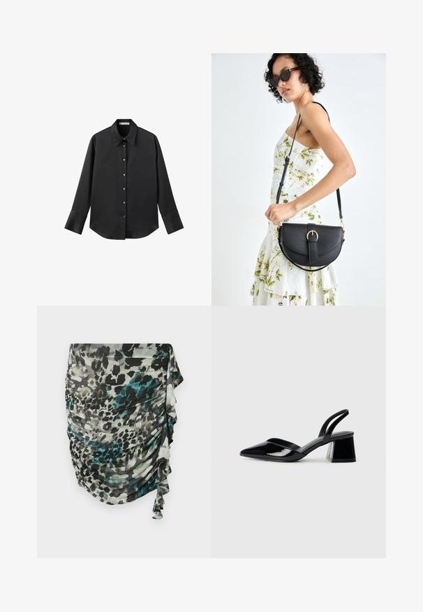 Čierna dlhá rukávová košeľa z hladkého materiálu, s klasickým golierom, predným zapínaním na gombíky so zlatými gombíkmi a širokými manžetami.; Naťahovací, ľahká sukňa v odtieňoch zelenej, čiernej a šedej farby s leopardím vzorom a volánikovým detailom po boku.; Čierne lakované kožené sandálové podpätky s špicatou špičkou a geometrickým blokovým podpätkom. Disponujú elegantným, minimalistickým dizajnom a hladkým povrchom.; Čierna kožená kabelka s zaobleným tvarom, odnímateľným popruhom a zlatými doplnkami. Kabelka má klopu s detailom s prackou.