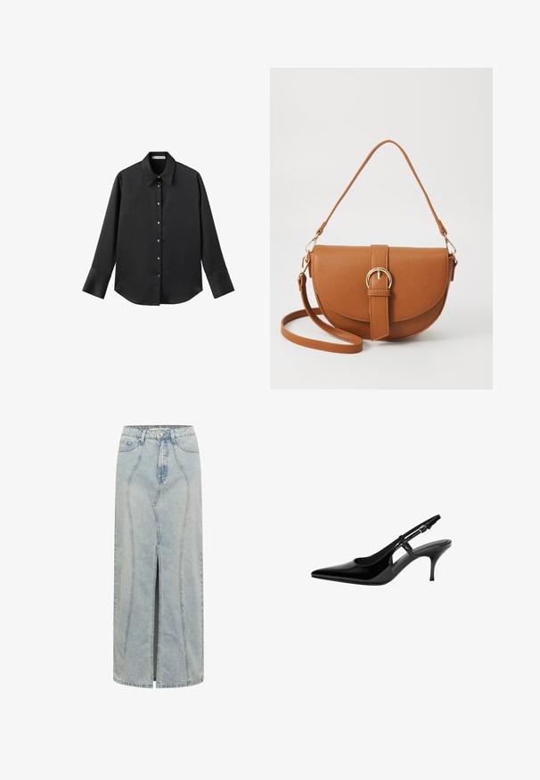 Črna majica z dolgimi rokavi iz gladkega materiala, z klasičnim ovratnikom, sprednjim zapiranjem na gumbe z zlatimi gumbi in širokimi manšetami.; Svetlo modra denim krila s ravno silhueto, ki ima sprednji razporek, zanke za pas in podrobno šivanje ob šivih.; Črne patentne usnjene slingback čevlje s koničastim nosom, odprtimi stranskimi izrezi, ozkim petam in nastavljivim gležnjava.; Rjava usnjena torbica prek telesa s ukrivljeno obliko, zlate opreme in sponko. Ima odstranljiv naramni trak.