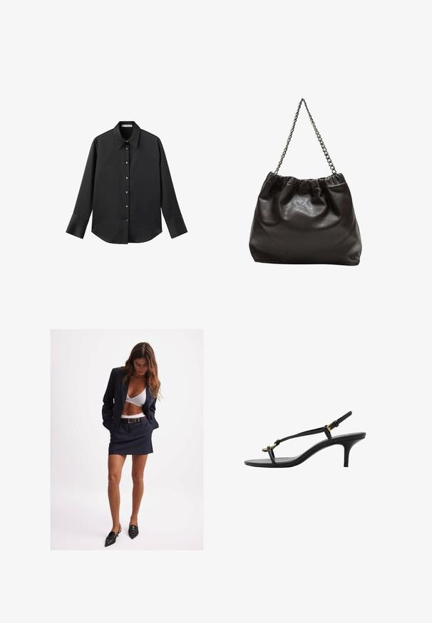 Čierna dlhá rukávová košeľa z hladkého materiálu, s klasickým golierom, predným zapínaním na gombíky so zlatými gombíkmi a širokými manžetami.; Námornícka blejzer a sukňa, strih na mieru, s ladným opaskom. Biely podprsenka pod. Čierne špicaté balerínky dokončujú vzhľad. Hladká textúra tkaniny.; Čierne kožené sandále na malom podpätku s tenkými pásikmi, zlatou prackou a minimalistickým prstovým pásikom na bielom pozadí.; Hnedá kožená taška so zberaným vrchom a reťazovým popruhom. Hladký povrch s lesklým finišom a jemným švom po stranách.