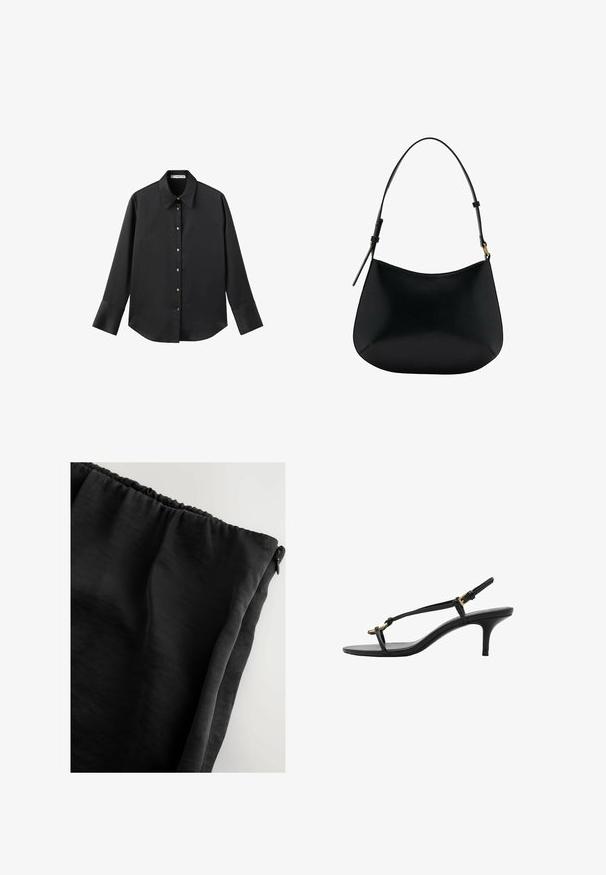 Schwarz langärmliges Hemd aus glattem Stoff, mit klassischem Kragen, frontaler Knopfleiste mit goldfarbenen Knöpfen und breiten Manschetten.; Schwarzer Stoff mit glatter Textur, elastischem Bund und Reißverschluss. Das Material wirkt leicht und leicht durchsichtig.; Schwarze Leder-Kitten-Heel-Sandale mit dünnen Riemen, goldener Schnalle und minimalistischer Zehen-Schlaufe vor einem weißen Hintergrund.; Schwarze Ledertasche mit schmalem Design, geschwungener Form und verstellbarem Griff. Verfügt über minimale Nähte und ein schlichtes Design.