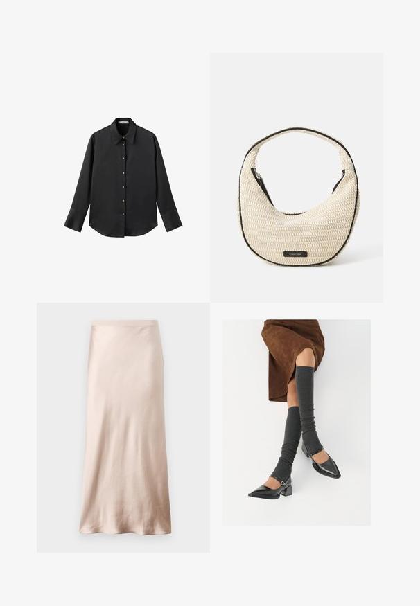 Črna majica z dolgimi rokavi iz gladkega materiala, z klasičnim ovratnikom, sprednjim zapiranjem na gumbe z zlatimi gumbi in širokimi manšetami.; Satin midi krilo v svetli bež barvi, z oblikovanim pasom, gladko teksturo in razširjenim robom, brez vidnih okraskov ali žepov.; Črne lakirane čevlje s pointy prsti in blok peto ter z naramnicami za gleženj, ki jih kombiniramo s sivimi rebrastimi nogavicami in rjavim suknjičem iz usnja.; Bežna tkanina torba za rame s zakrivljenim oblikom in črnim robom. Ima zgornje zapiranje na zadrgo in oznako logotipa spredaj.