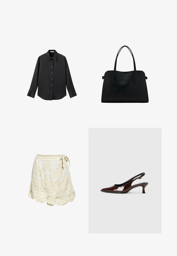 Svart långärmad skjorta i mjukt tyg, med klassisk krage, framknäppning med knappar i guldton och breda manschetter.; Krämfärgad omslagskjol med texturerad broderi, med vågig nederkant och knytning i midjan. Tillverkad av lätt tyg med intrikata mönster.; Brun lackläder slingback-sko med spetsig tå och en måttlig klack. Utrustad med en spännband för säker passform. Slät textur.; Svart läderhandväska med dubbla axelremmar, rektangulär form och minimalistisk design på vit bakgrund.
