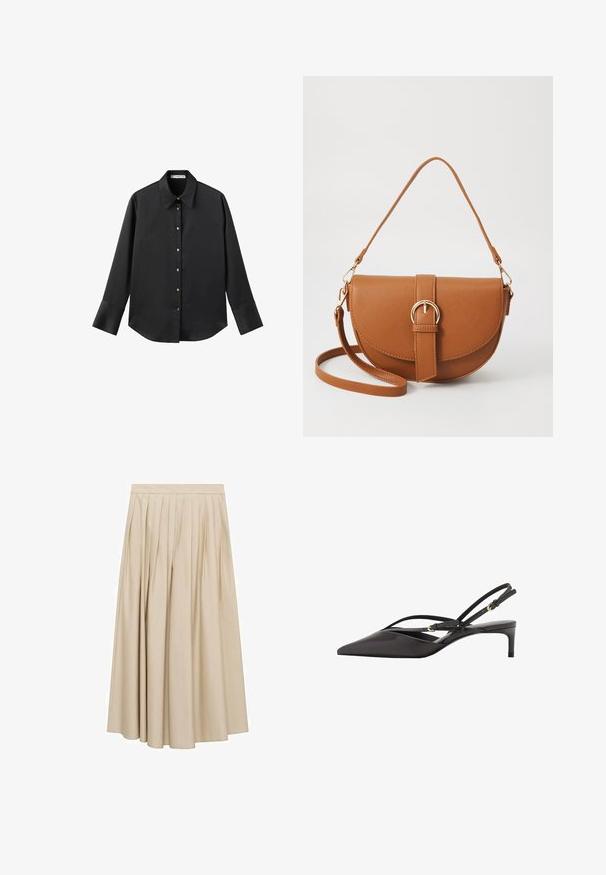 Črna majica z dolgimi rokavi iz gladkega materiala, z klasičnim ovratnikom, sprednjim zapiranjem na gumbe z zlatimi gumbi in širokimi manšetami.; Nabrano midi krilo iz bež tkanine z gladko teksturo in širokim robom. Preprosta elastika v pasu z navpičnimi nabranki, ki zagotavljajo volumen.; Črne usnjene slingback čevlje s koničastim nosom, vitkimi gležnjastimi trakovi in nizkim stiletto peto. Gladka tekstura z minimalističnim dizajnom.; Rjava usnjena torbica prek telesa s ukrivljeno obliko, zlate opreme in sponko. Ima odstranljiv naramni trak.