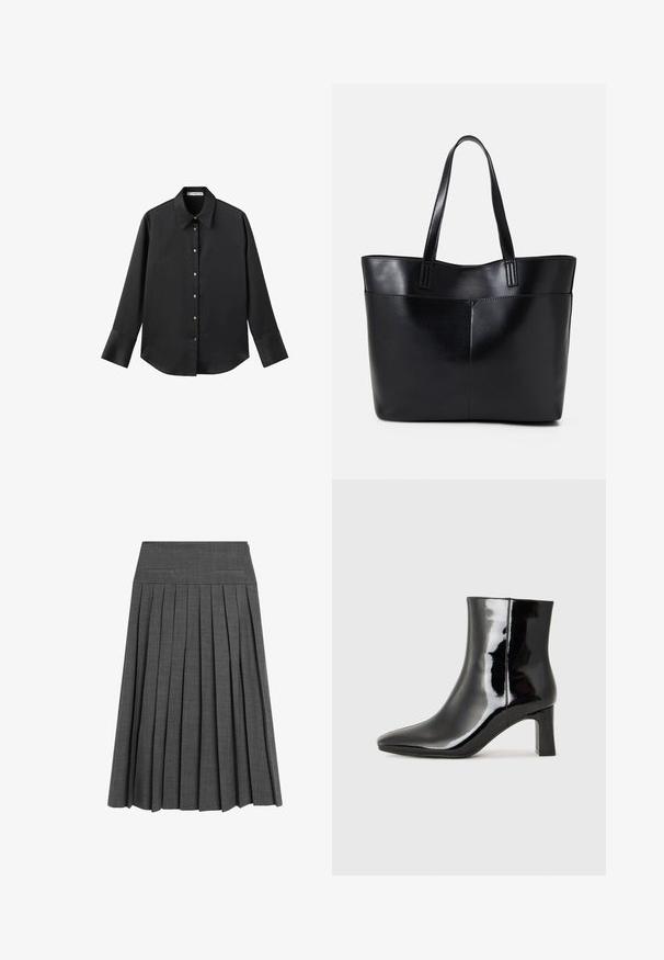 Maglietta nera a maniche lunghe in tessuto morbido, con colletto classico, chiusura frontale con bottoni dorati e polsini ampi.; Gonna plissettata grigia con vita piatta e motivo testurizzato sottile. Caratterizzata da pieghe affilate e distanziate uniformemente per un aspetto strutturato.; Stivaletto in pelle verniciata nera con punta a punta e tacco a blocco di altezza media. Texture liscia e design minimalista.; Borsa a tracolla in pelle nera con due manici lunghi, una texture liscia e una forma strutturata. Presenta una tasca frontale per ulteriore spazio di archiviazione.