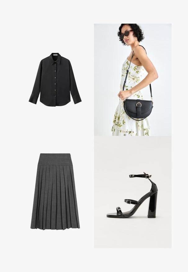 Chemise noire à manches longues en tissu lisse, dotée d'un col classique, d'une fermeture à boutons sur le devant avec des boutons dorés, et de larges poignets.; Jupe plissée grise avec une taille plate et un motif texturé subtil. Présente des plis nets, régulièrement espacés, pour un aspect structuré.; Sandales à talons hauts en cuir verni noir avec deux brides à boucles, bout carré et talon bloc épais, présentant une texture lisse et brillante.; Sac à main en cuir noir avec une forme courbée, bandoulière amovible et des accessoires en or. Le sac est doté d'un rabat avec un détail de boucle.