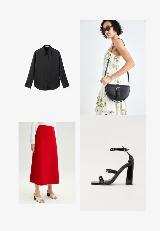 Black long-sleeve shirt in smooth fabric, featuring a classic collar, front button closure with gold-tone buttons, and wide cuffs.; Red A-line skirt made of smooth fabric with an elastic waistband. Paired with cream slip-on shoes featuring a knotted detail.; Black patent heeled sandals with a square toe, ankle straps, and silver buckles. Features a chunky block heel for stability.; Black leather handbag with a curved shape, detachable strap, and gold hardware. The bag features a flap with a buckle detail.