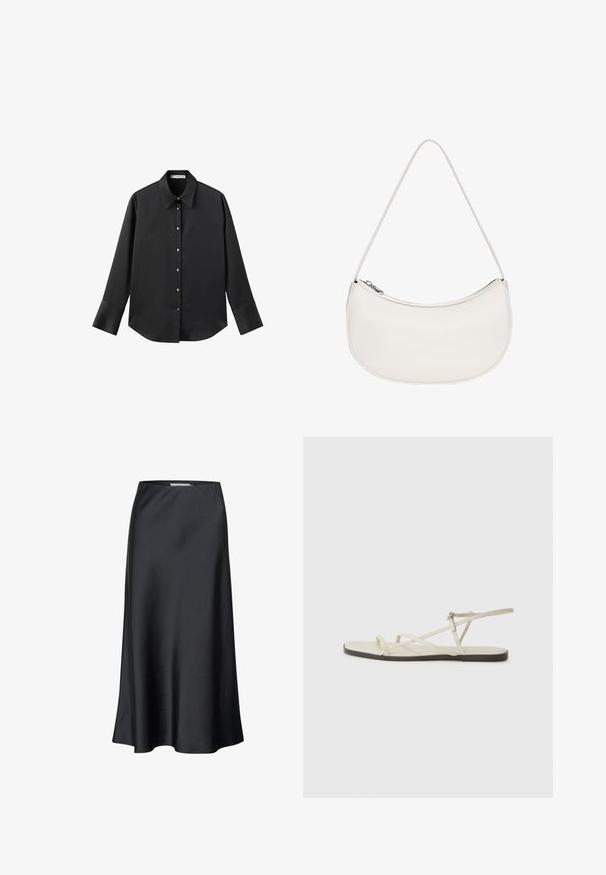 Svart långärmad skjorta i mjukt tyg, med klassisk krage, framknäppning med knappar i guldton och breda manschetter.; Svart midi kjol i slät tyg, med en flytande silhuett och en subtil lyster. Har en enkel, enfärgad design.; Beige platt sandal med flera smala remmar och ett justerbart spänne. Sulan är platt med en lätt mörk kontrast vid kanten.; PULL&BEAR HALF MOON - Handväska - white