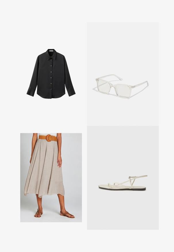 Chemise noire à manches longues en tissu lisse, dotée d'un col classique, d'une fermeture à boutons sur le devant avec des boutons dorés, et de larges poignets.; Jupe midi beige en A en tissu texturé, dotée d'une ceinture orange tressée avec une boucle circulaire, associée à des sandales plates marron.; Sandale plate beige avec plusieurs fines lanières et une boucle réglable. La semelle est plate avec un léger contraste sombre sur le bord.; Lunettes carrées en plastique transparent avec des verres translucides, dotées d'accents dorés sur les branches pour plus de détails.; Sac bandoulière en cuir marron avec une forme incurvée, quincaillerie dorée et un accent en boucle. Comprend une bandoulière détachable.
