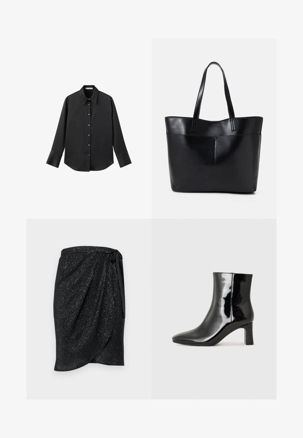 Czarna koszula z długim rękawem z gładkiego materiału, z klasycznym kołnierzykiem, zapięciem na guziki z przodu w złotym odcieniu oraz szerokimi mankietami.; Czarna spódnica owijana z teksturowanym, błyszczącym wykończeniem. Posiada wiązanie w talii oraz zwiewny krój, co zapewnia elegancki wygląd.; Czarne lakierowane botki za kostkę z wysmukłym noskiem i średniej wysokości obcasem w kształcie słupka. Gładka tekstura i minimalistyczny design.; Czarna skórzana torba na ramię z dwoma długimi uchwytami, gładką teksturą i sztywną formą. Posiada przednią kieszeń dla dodatkowego przechowywania.