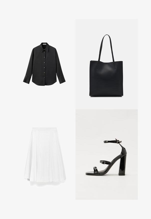 Zwarte lange mouwen shirt van gladde stof, met een klassieke kraag, een sluiting met knopen aan de voorkant met gouden knopen en brede manchetten.; ADOLFO DOMINGUEZ A-lijn rok - white; Zwarte gepatenteerde sandalen met hak en een vierkante neus, enkelbandjes en zilveren gespen. Heeft een stevige blokhak voor stabiliteit.; Zwarte leren handtas met een gladde textuur, rechthoekige vorm en twee lange handvaten. Geen zichtbare hardware of versieringen.