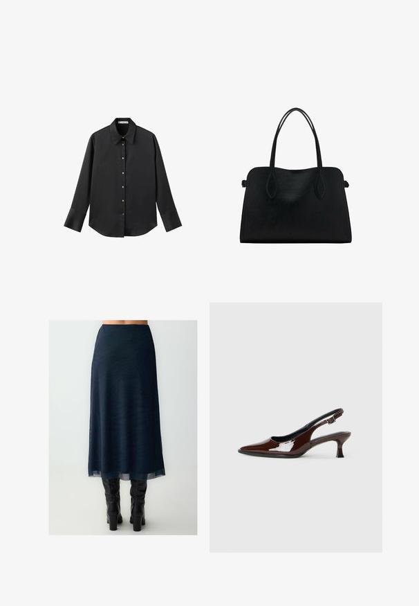 Zwarte lange mouwen shirt van gladde stof, met een klassieke kraag, een sluiting met knopen aan de voorkant met gouden knopen en brede manchetten.; Een donkerblauwe rok van een transparante, gestructureerde stof met een subtiel zebra-patroon, vallend tot halverwege de kuit, gecombineerd met zwart kniehoge laarzen.; Bruine gepatineerde leren slingback-schoen met een spitse neus en een gematigd hakje. Voorzien van een gespsluiting voor een veilige pasvorm. Glad van textuur.; Zwarte leren handtas met dubbele schouderriemen, rechthoekige vorm en minimalistisch ontwerp op een witte achtergrond.